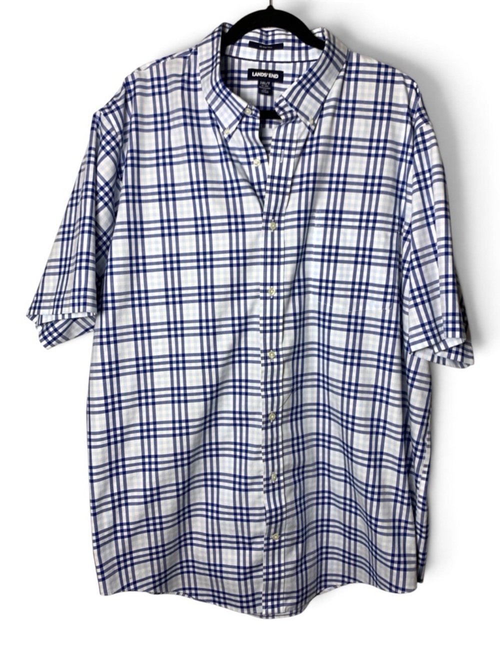 Lands End Mens 2XLT Blue Plaid No Iron Twill Short Sleeve Button Shirt Tall - Picture 10 of 16